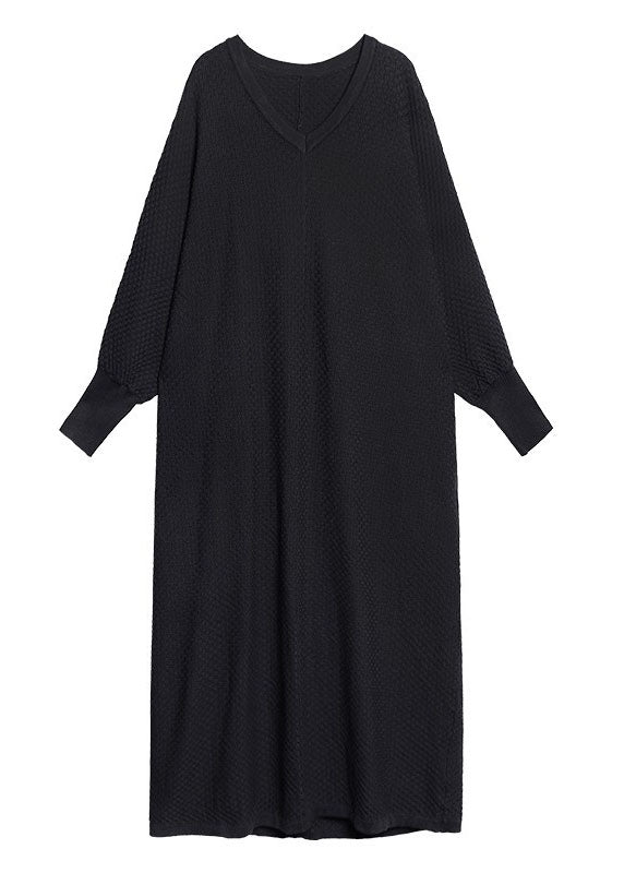 French Black V Neck Knitting Cotton Fall Knit Dress