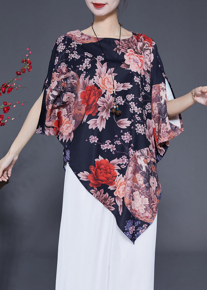 Black Asymmetrical Design Print Silk Top Summer