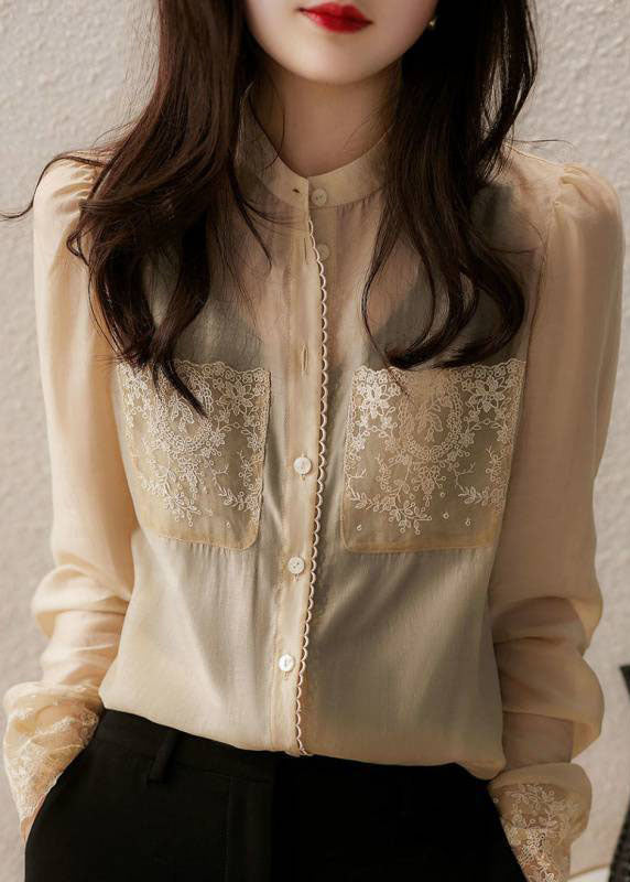 Apricot Stand Collar Button Lace Patchwork Chiffon Blouse Top Spring
