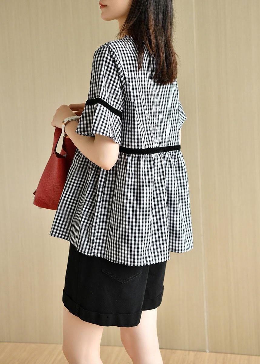 French Black White Plaid V Neck Summer Cotton Top Short Sleeve