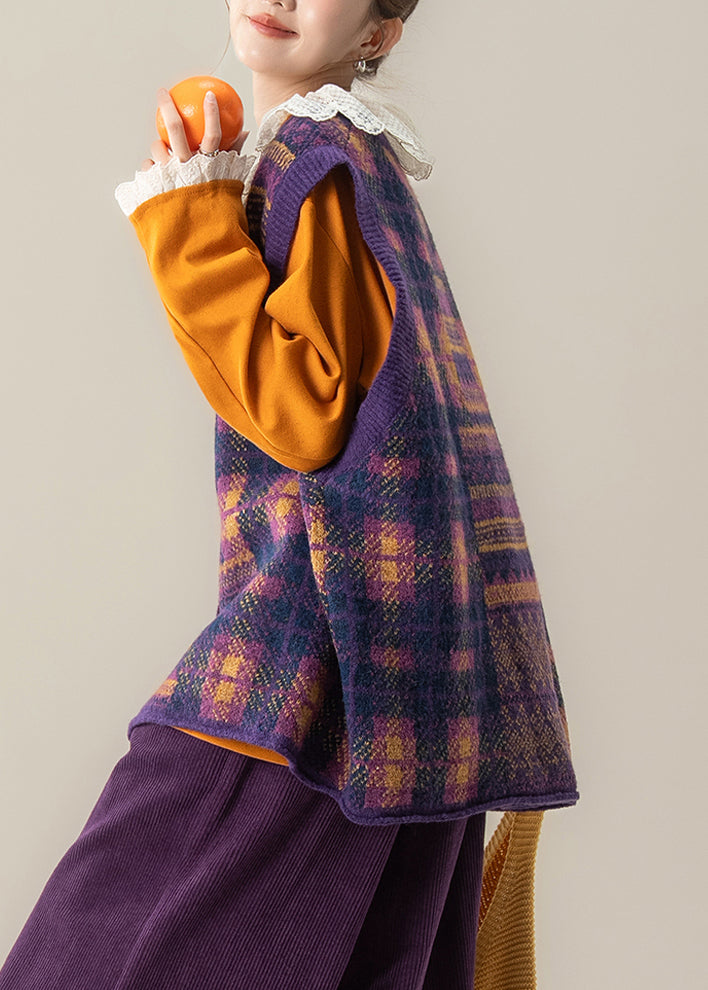 Organic Purple Plaid O-neck Cotton Knit Waistcoat Sleeveless Spring