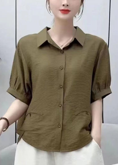 Red Peter Pan Collar Low High Design Silk Shirt Short Sleeve