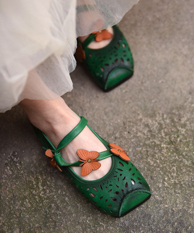 Green Flat Shoes for Cowhide Leather Soft Butterfly Splicing Hollow Out