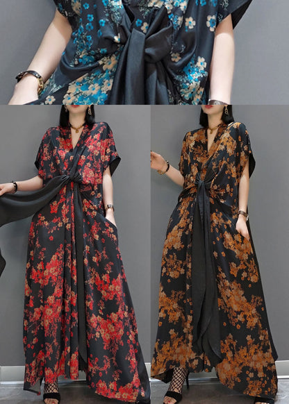 Blue Patchwork Silk Maxi Dresses Short Sleeve