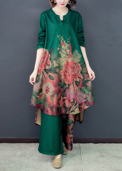 Green Silk Dress and Wide Leg Pants Two Pieces Set Low High Design Spring