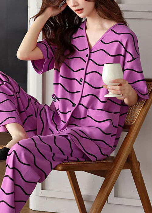 Purple V Neck Striped Pockets Cotton Pajamas Two Pieces Set Summer