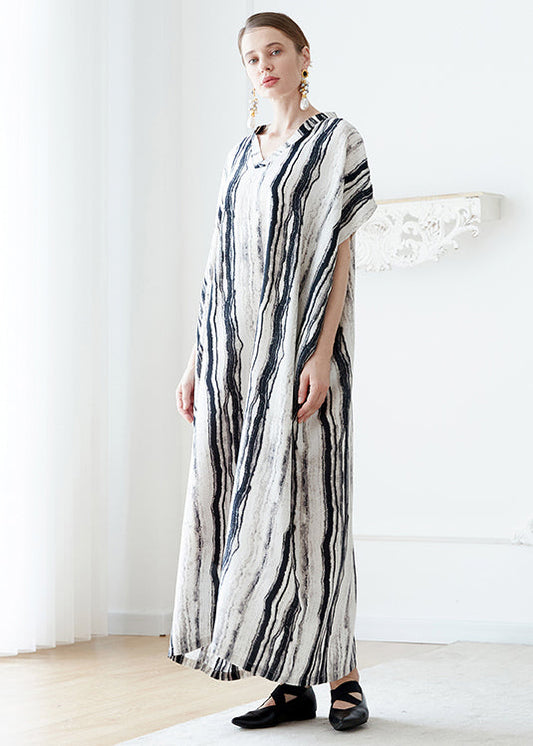 European and American Style V Neck Striped Cotton Holiday Robe Dresses Summer