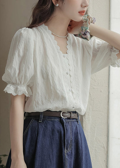 White V Neck Patchwork Lace Top Summer