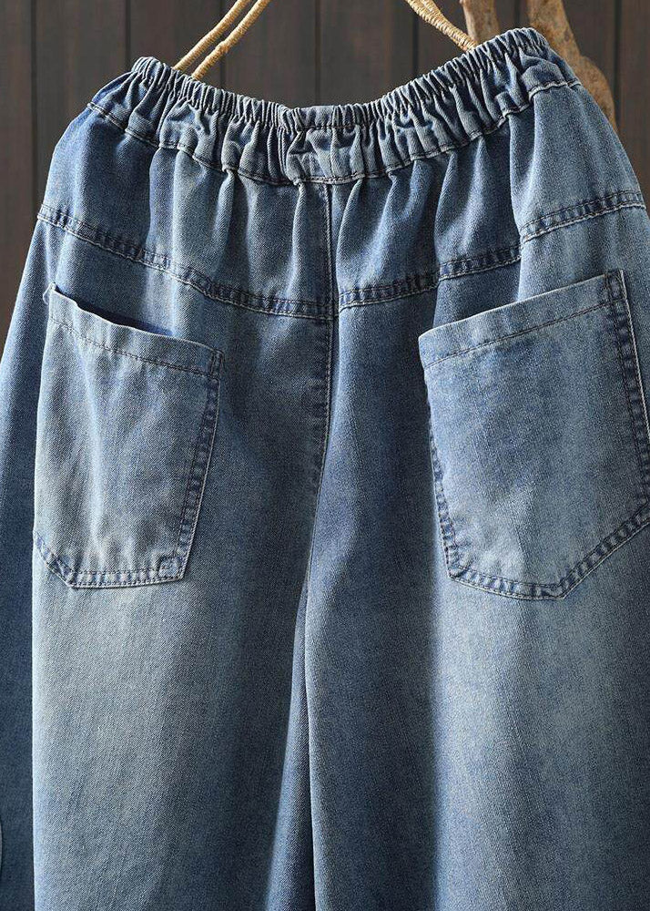 Blue Graphic Patchwork Elastic Waist Crop Jeans