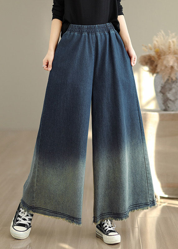 Gradient Blue Pockets Denim Wide Leg Pants Spring