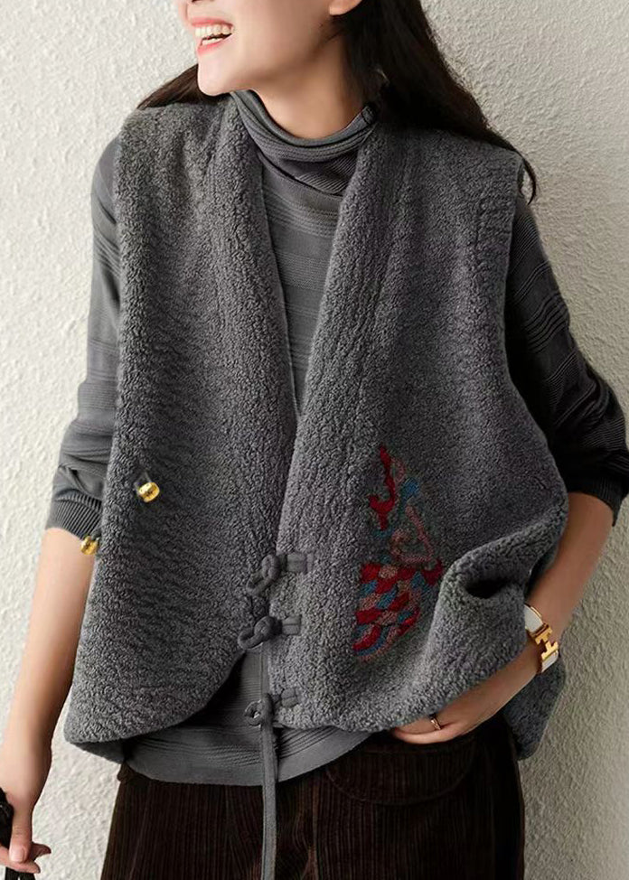 Grey V Neck Chinese Button Patchwork Wool Vest Sleeveless