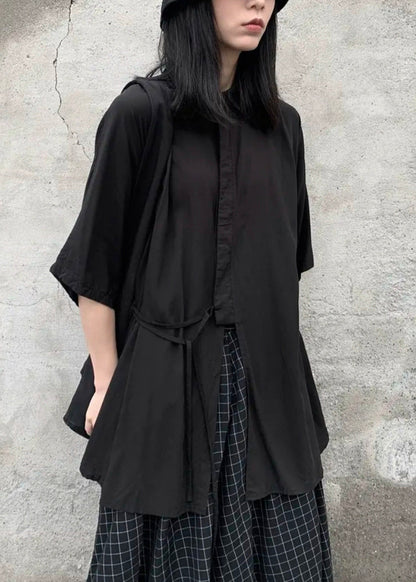 Black Peter Pan Collar Lace Up Patchwork Cotton Shirts Bracelet Sleeve