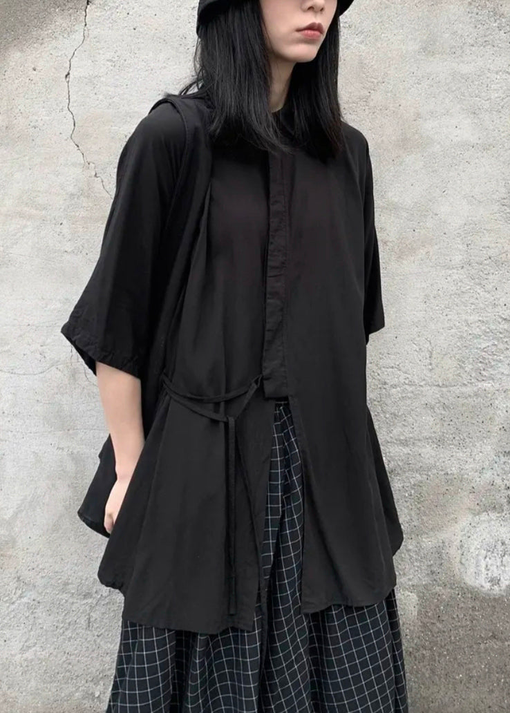 Black Peter Pan Collar Lace Up Patchwork Cotton Shirts Bracelet Sleeve