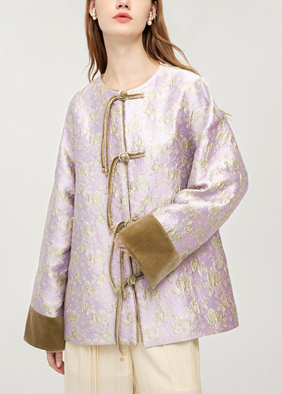 Stylish Purple O-neck Button Silk Velour Patchwork Coats Spring