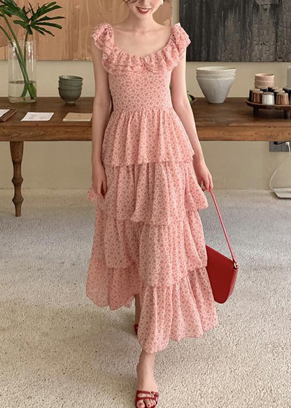Pink Ruffled Print Chiffon Long Dress Summer