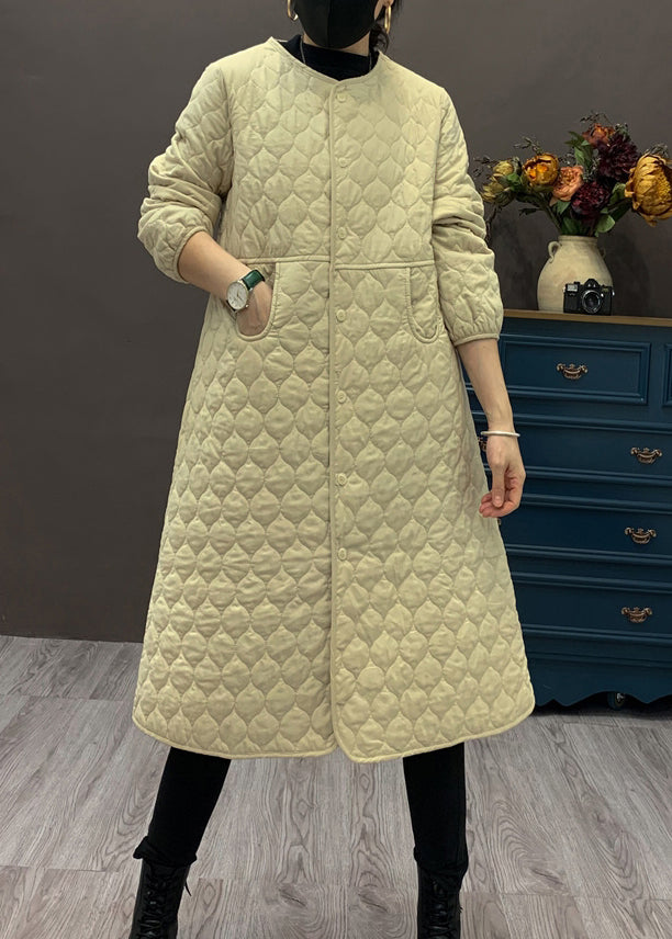 Beige O Neck Pockets Fine Cotton Filled Coat Winter