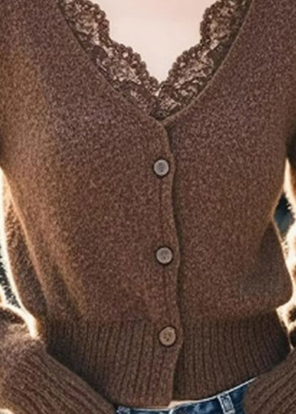 Coffee V Neck Lace Patchwork Cotton Knit Cardigan Spring