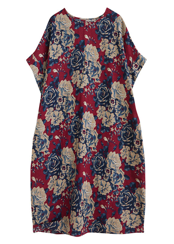 Diy Red O-neck Print Pockets Cotton Holiday Dress Short Sleeve
