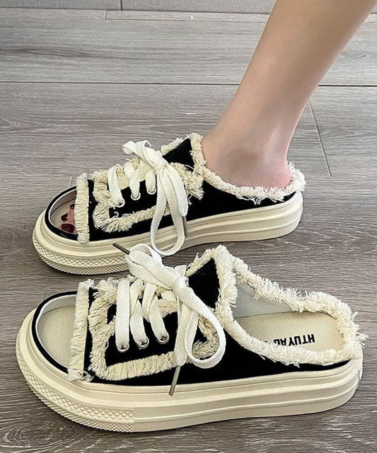 Black Platform Canvas Splicing Slide Sandals Lace Up