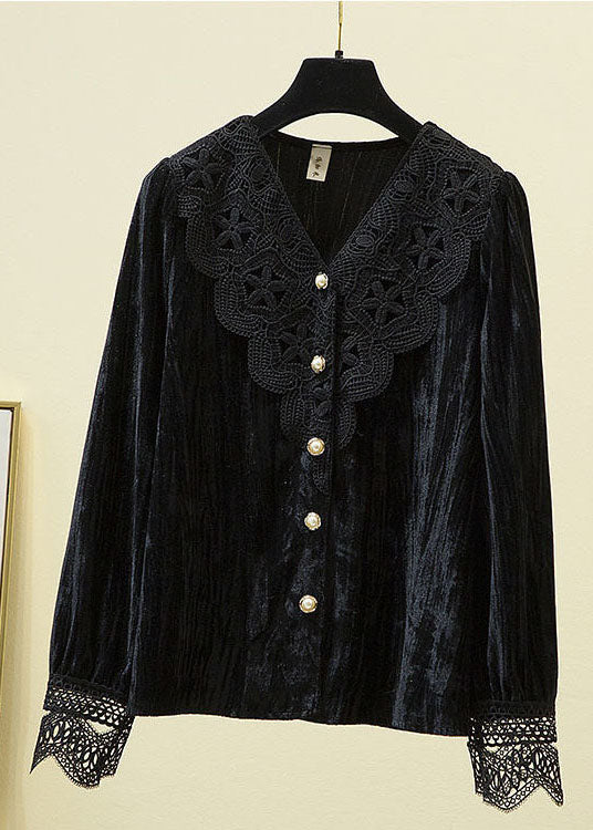 Diy Chocolate V Neck Lace Patchwork Silk Velour Shirt Long Sleeve
