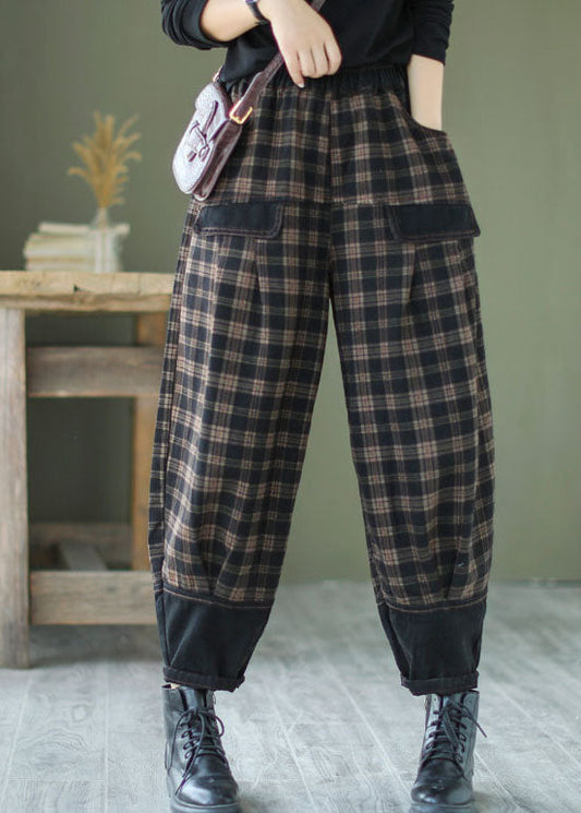 French Black Plaid Patchwork Denim Pants Spring