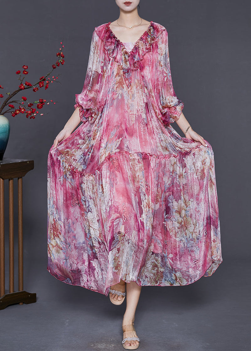 Rose Ruffles Print Silk Party Dress Spring