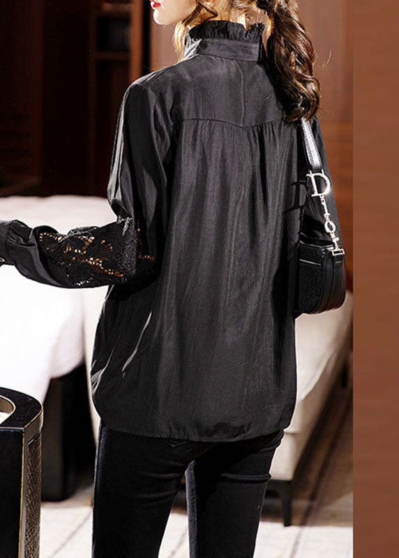 Black Ruffled Lace Patchwork Hollow Out Shirts Long Sleeve