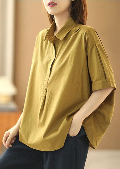 Khaki Peter Pan Collar Patchwork Cotton Shirt Tops Short Sleeve