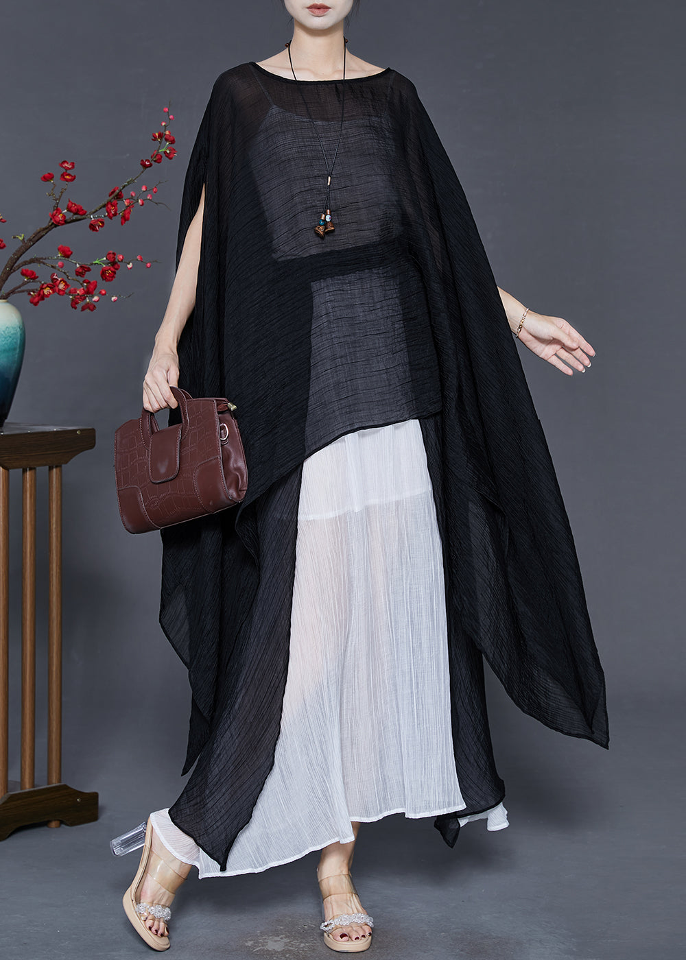 Black Asymmetrical Design Chiffon Long Tops Summer