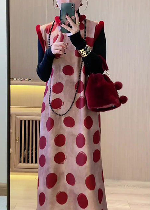 Art Red Stand Collar Dot Patchwork Thick Dress Sleeveless