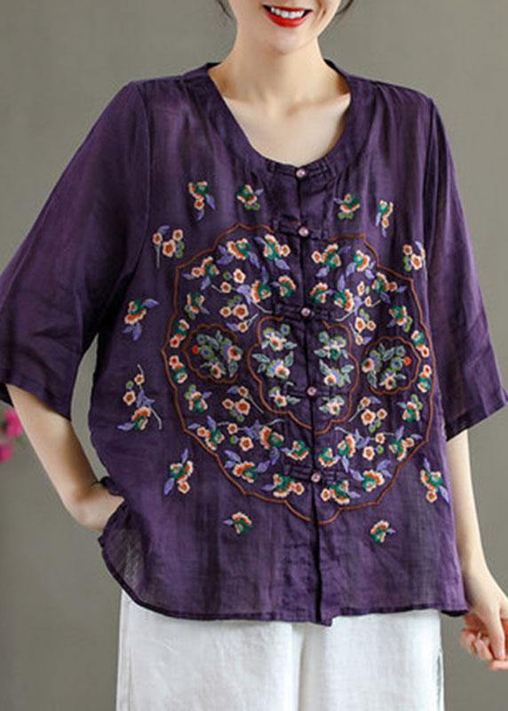 Orange Embroideried Oriental Ramie Top Summer