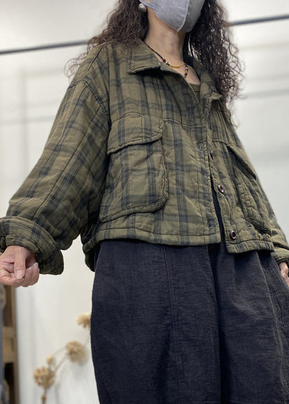 Green Plaid Button Patchwork Cotton Filled Coat Long Sleeve Fall