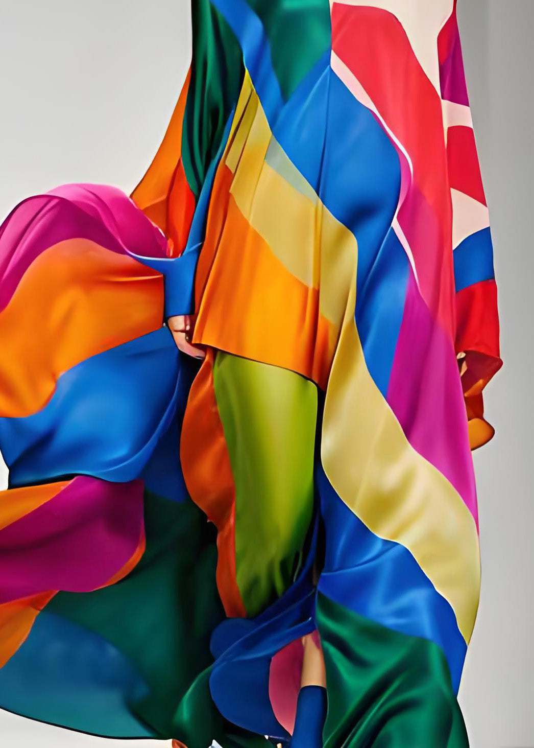 Colorblock Asymmetrical Patchwork Silk Maxi Dresses Long Sleeve