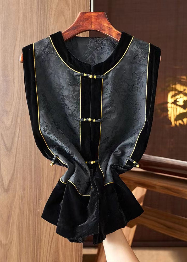 Black O-neck Embroideried Silk Patchwork Waistcoat Sleeveless
