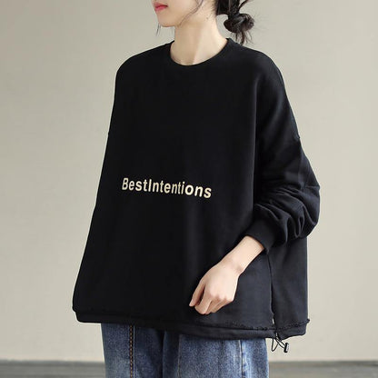 Organic Drawstring Cotton Alphabet Prints Top Silhouette Sleeve Black Sweatshirt