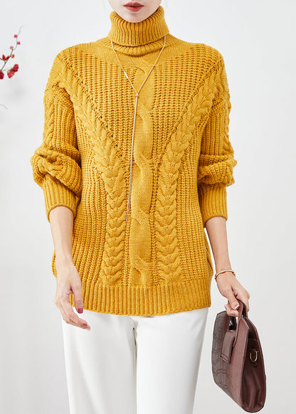 Yellow Turtle Neck Thick Cable Knit Short Sweater Fall