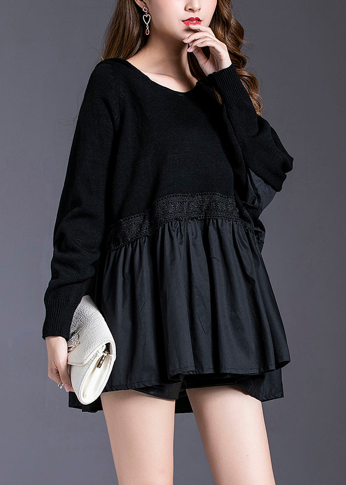 Black Hooded Patchwork Knit Pullover Spring