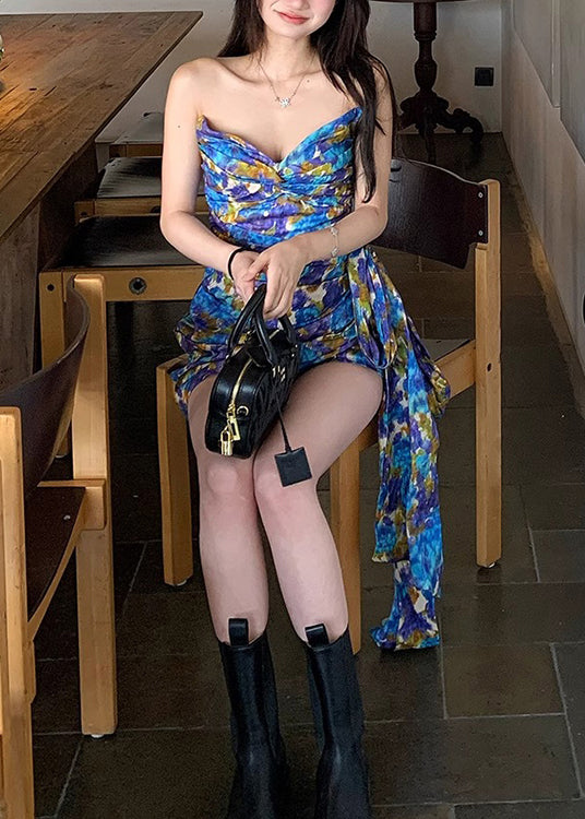 Blue Printed Bow Ribbon Party Dress Sleeveless