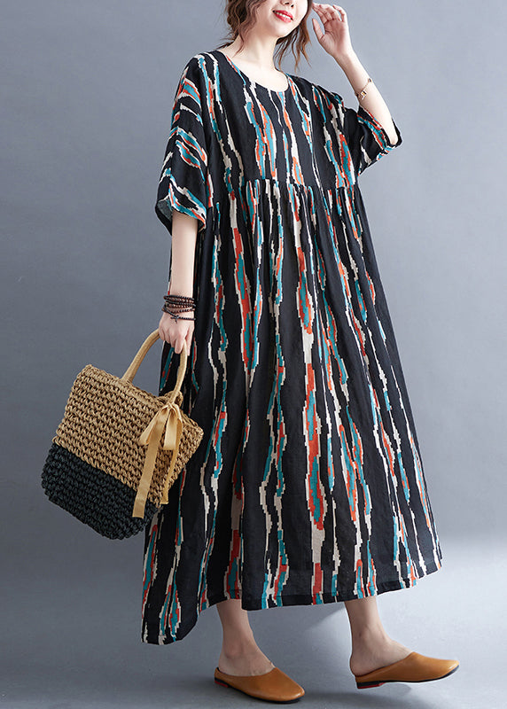 Black O-neck Print Long Dresses Half Sleeve