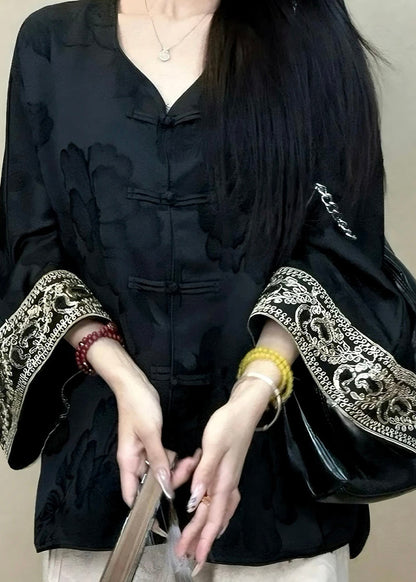 Chinese Style Black O-neck Jacquard Button Silk Coats Long Sleeve