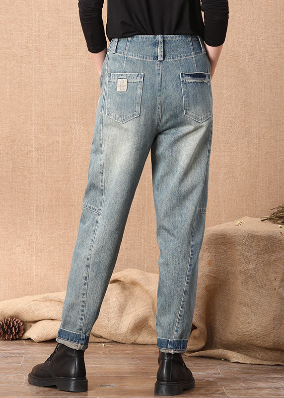 Blue High Waist Button Pockets Patchwork Cotton Denim Pants Summer