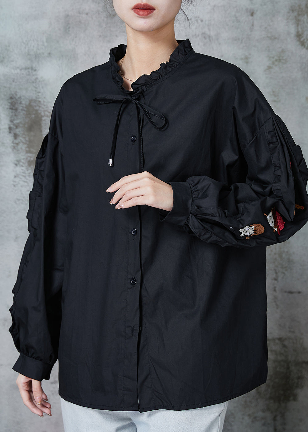 Diy Black Character Embroidered Cotton Top Spring