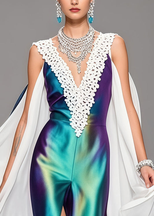 Gradient Color V Neck Patchwork Silk Vestidos Dress Sleeveless