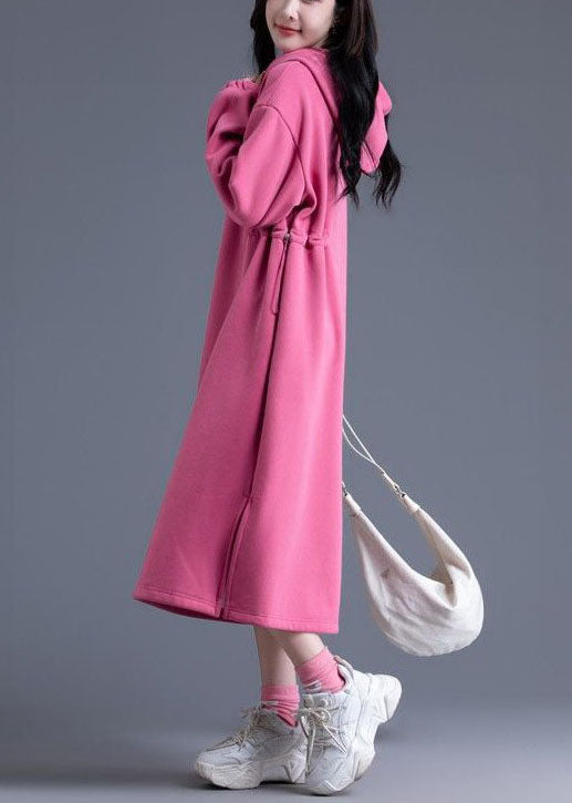 Pink Hooded Cinched Side Open Warm Fleece Sweatshirts Dress Spring
