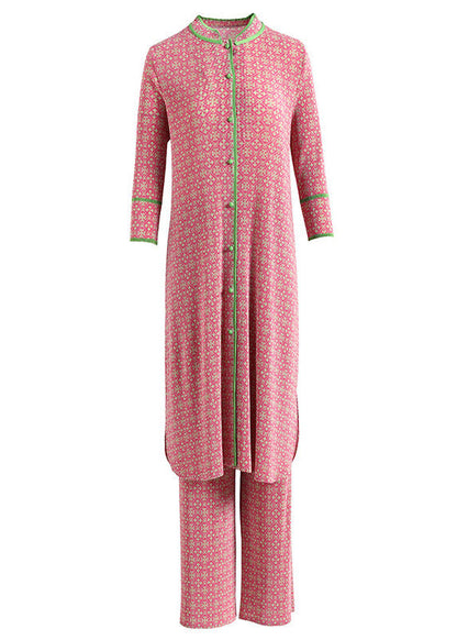 Pink Stand Collar Print Silk Long Shirts and Wide Leg Pants Two-piece Set