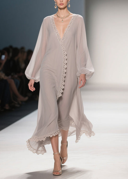 Apricot Lace Chiffon Maxi Dresses V Neck