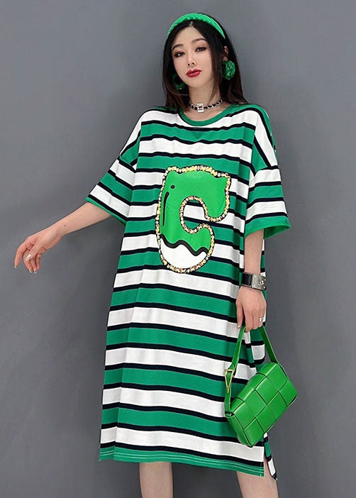 Green O-neck Striped Print Cotton Loose Dresses Short Sleeve