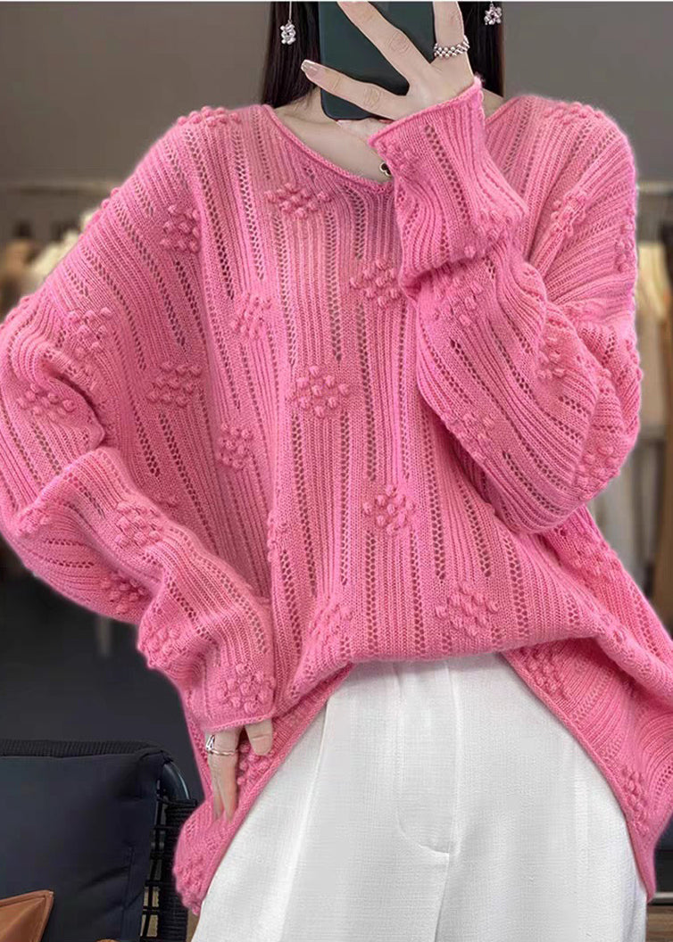 Rose V Neck Hollow Out Cotton Knit Sweaters Fall