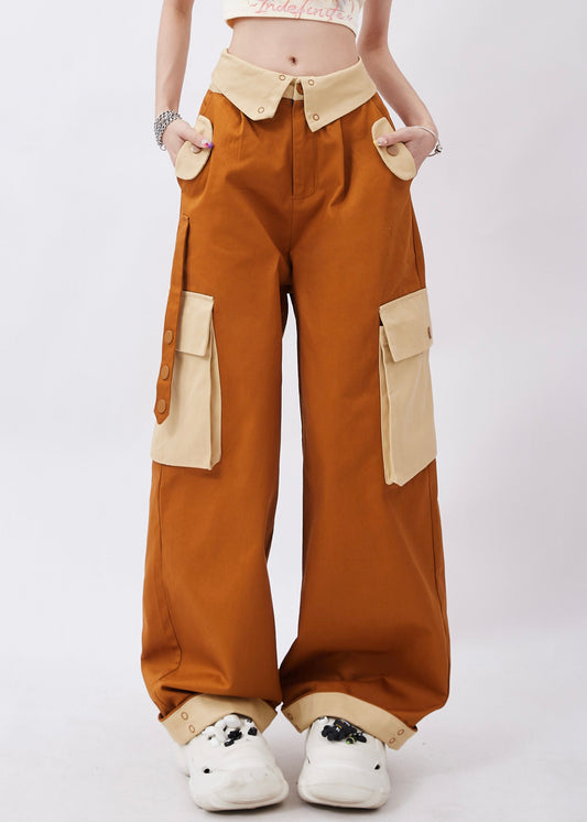 Brown Patchwork Pockets Cotton Pants Trousers Spring
