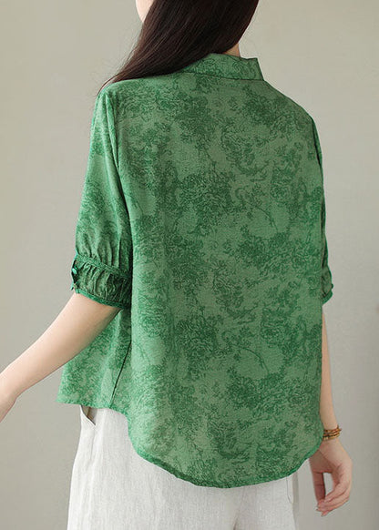 Green Print Cotton Shirts Peter Pan Collar Summer